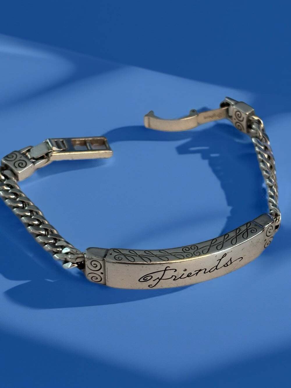 Brighton Friends ID Bracelet Silver Plated Retired Scrolls Signed 7" to 8"